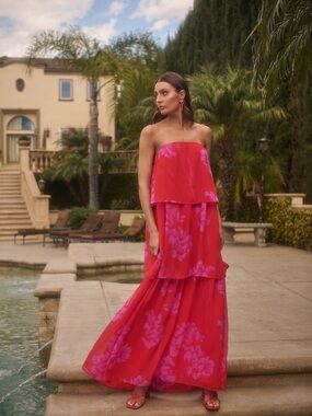 Sugarlips Red and Pink Strapless Tiered Floral Maxi